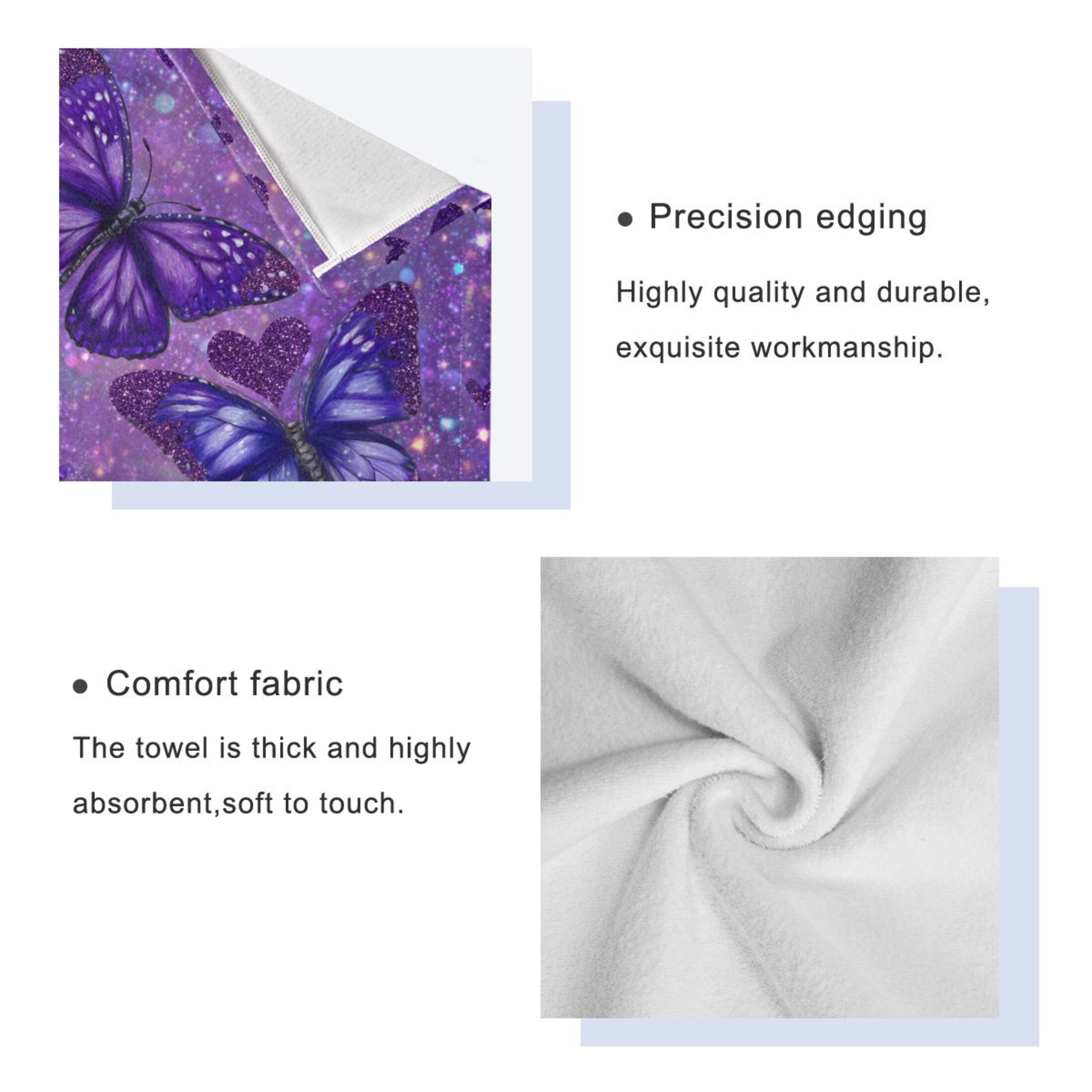 3 Sizes of Towel Sets Including Bath Towel Hand Towel and Washcloth for Daily Use Shimmering Purple Butterflies