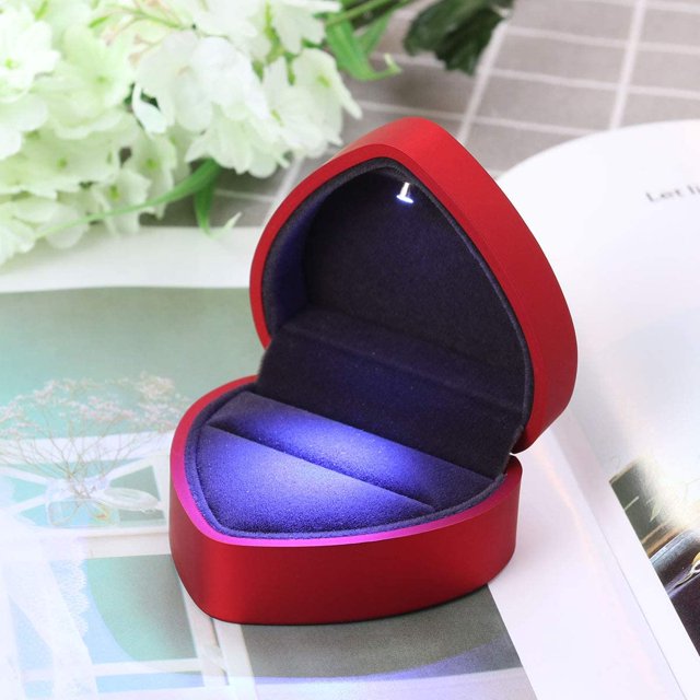 Caja de anillo LED en forma de corazón de terciopelo para boda, compromiso, día de San Valentín, (rojo)