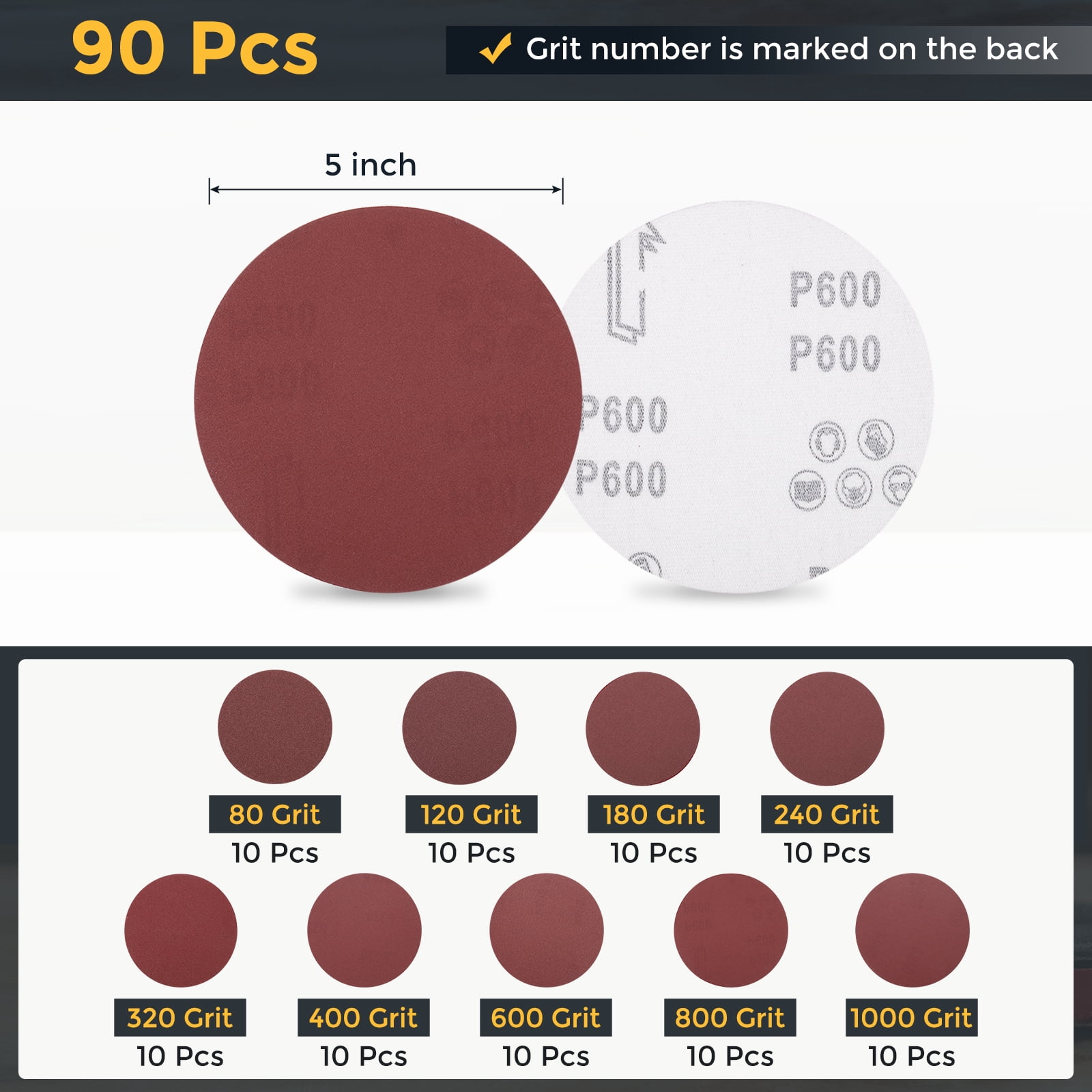 90 Pcs 5 Inch Sanding Disc 80/120/180/240/320/400/600/800/1000 Grit Hook and Loop Sandpaper Random Orbital Sander Pads for Woodworking Automotive