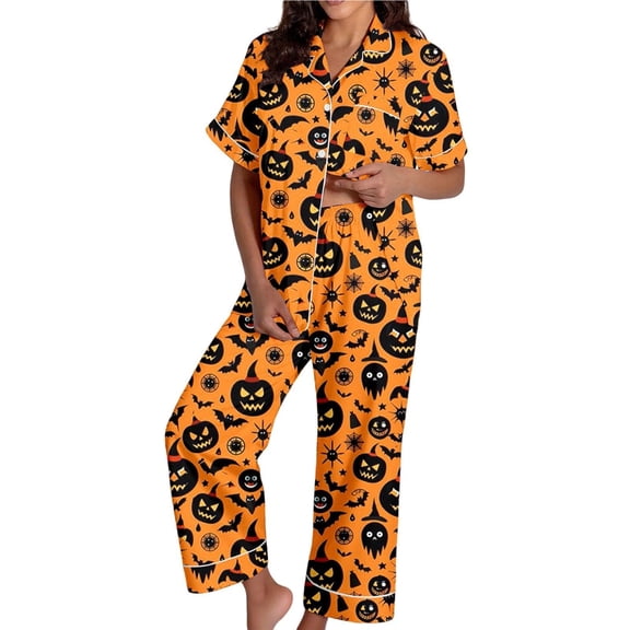 GZWYHT 2 Piece Pajama Set for Women Halloween Pajamas Pumpkin Print Short Sleeve Button Top and Capri Pants Halloween Nightgown Halloween Pjs Women Plus Size Pajamas for Women Set Orange S