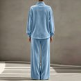 thumbnail image 5 of Szluipve Women Velvet 2 Piece Outfits Stand Collar Henley Button Long Sleeve Top & Elastic Waist Wide Leg Pants Casual Loungewear Matching Set Light Blue L, 5 of 6