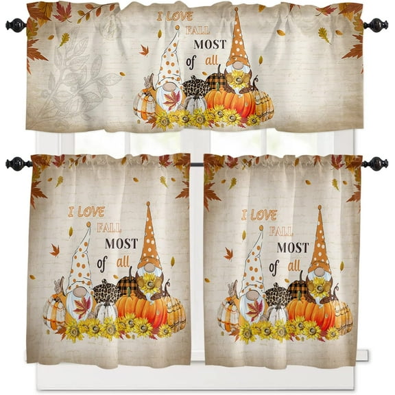 3 Piece Thanksgiving Gnome Pumpkin Sunflower Kitchen Curtains, Tier and Valance Rod Pocket Window Curtains Set Retro Fall Cafe Curtains for Kitchen Valances Window Treatment 54X18in 27x36in×2