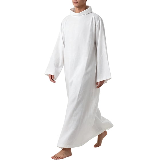 hoksml Men White Clergy Alb Robe Stand Collar Priest Liturgical Gown for Halloween Pastor Cosplay Ceremony Party Costume