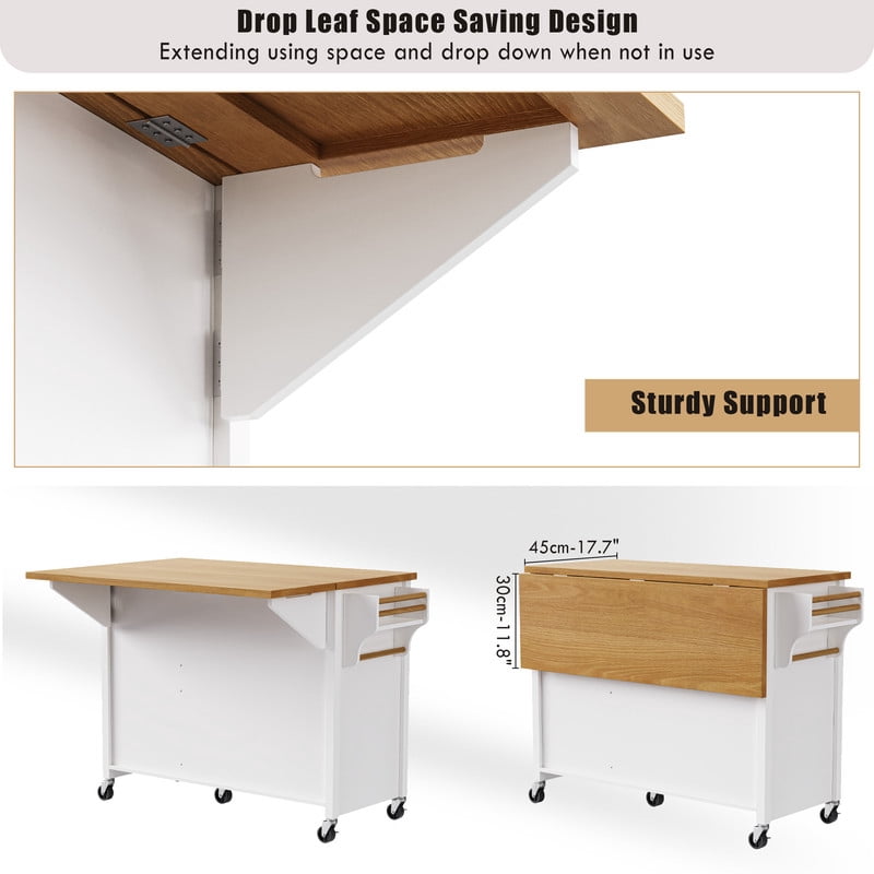 Kitchen Island with Drop Leaf, Kitchen Storage Cart with Spice Rack, Towel Rack, 5 Drawers & Adjustable Shelf