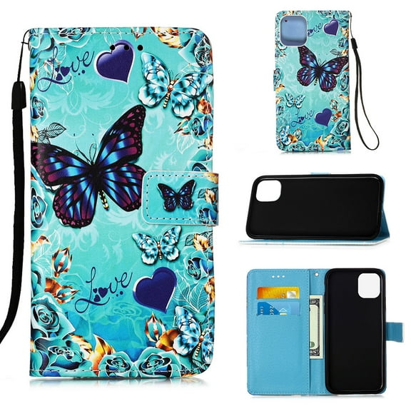 Mantto For iPhone 14 Case, [ 6.1 inch ] PU Leather With Hand Strap Magnetic Closure Cute Pattern Painted Flip Wallet Card Stand Phone Case For Apple iPhone 14, Heart Butterfly