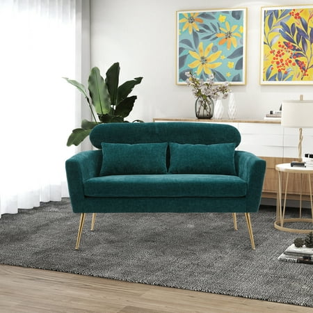 

51 Loveseat Sofa Chair with 2 Pillows Chenille Upholstered 2-Seat Sofa Couch with Sturdy Metal Legs and Padded Seat Cushion for Living Room Bedroom Apartment Blue