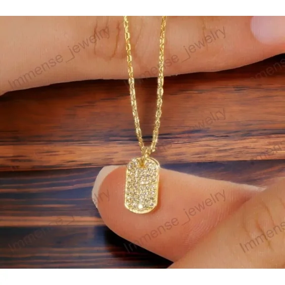 RKC 1 Ct Round Moissanite Women's Dog Tag Pendant Chain 14K Yellow Gold Plated