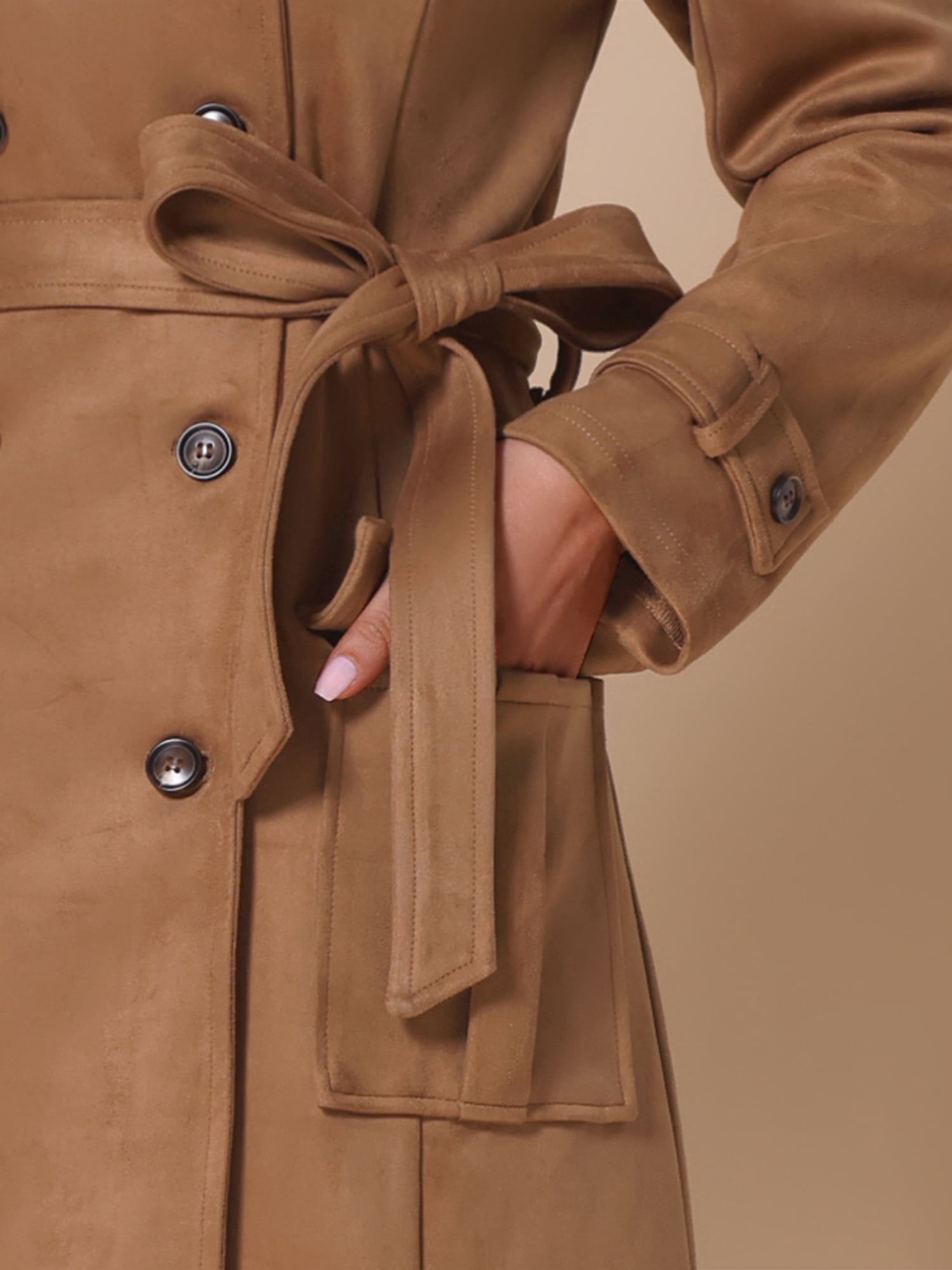 DARING DIVA Women's Long Faux Suede Fall Winter Trench Coat with Pockets L Brown