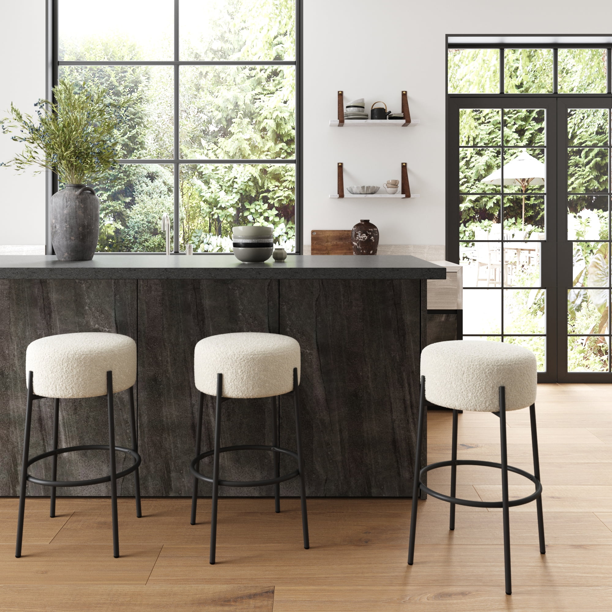 Nathan James Isaac 29" Modern Backless Bar Stool with Round Soft Padded Boucle Seat and Metal Mid-Century Base, Boucle White/Black