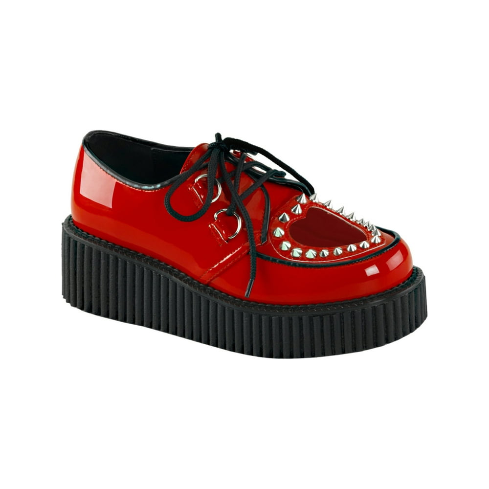 Demonia - Womens Red Platform Shoes Heart Studs Lace Up Creepers Shoes ...