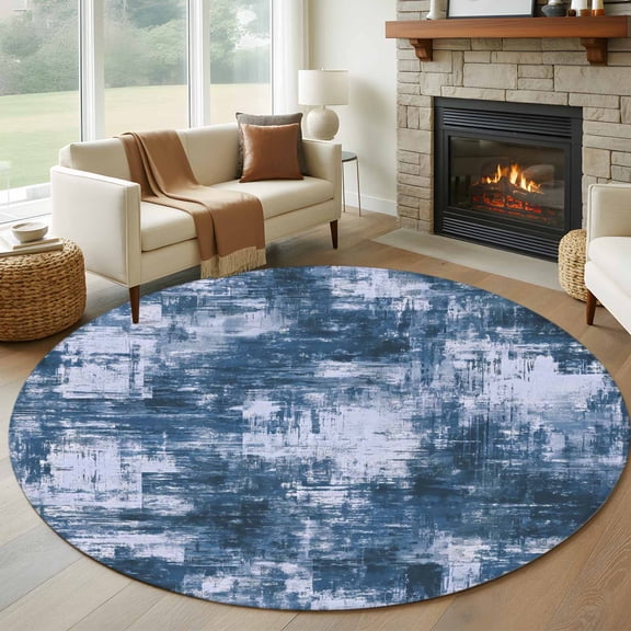 Large Round Rug 8Ft Washable Non-Slip, Navy Blue Ombre Circle Area Rugs for Living Room Bedroom, Gradient Abstract Art Vintage Indoor Floor Mats Carpet Runner for Home Decor