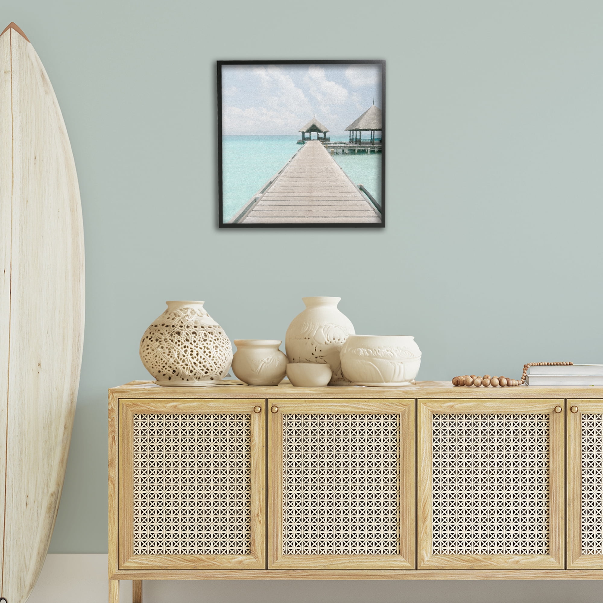 Stupell Industries Tropical Long Pier Coastal Photography Black Framed Art Print Wall Art, 24 x 24