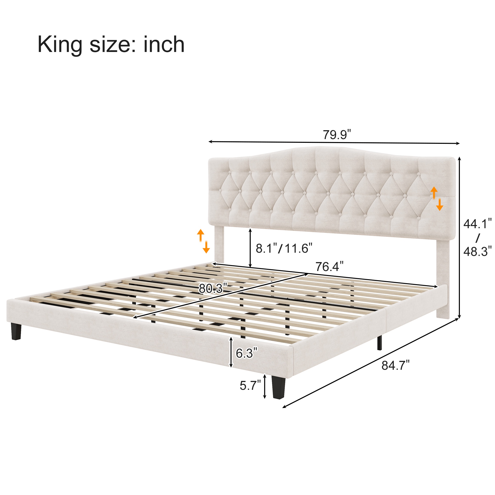 PORKISS King Size Linen Bed Frame with Upholstered Button Tufted Adjustable Headboard, Platform Bed with Wooden Slats Support, Holds 800lbs, Beige