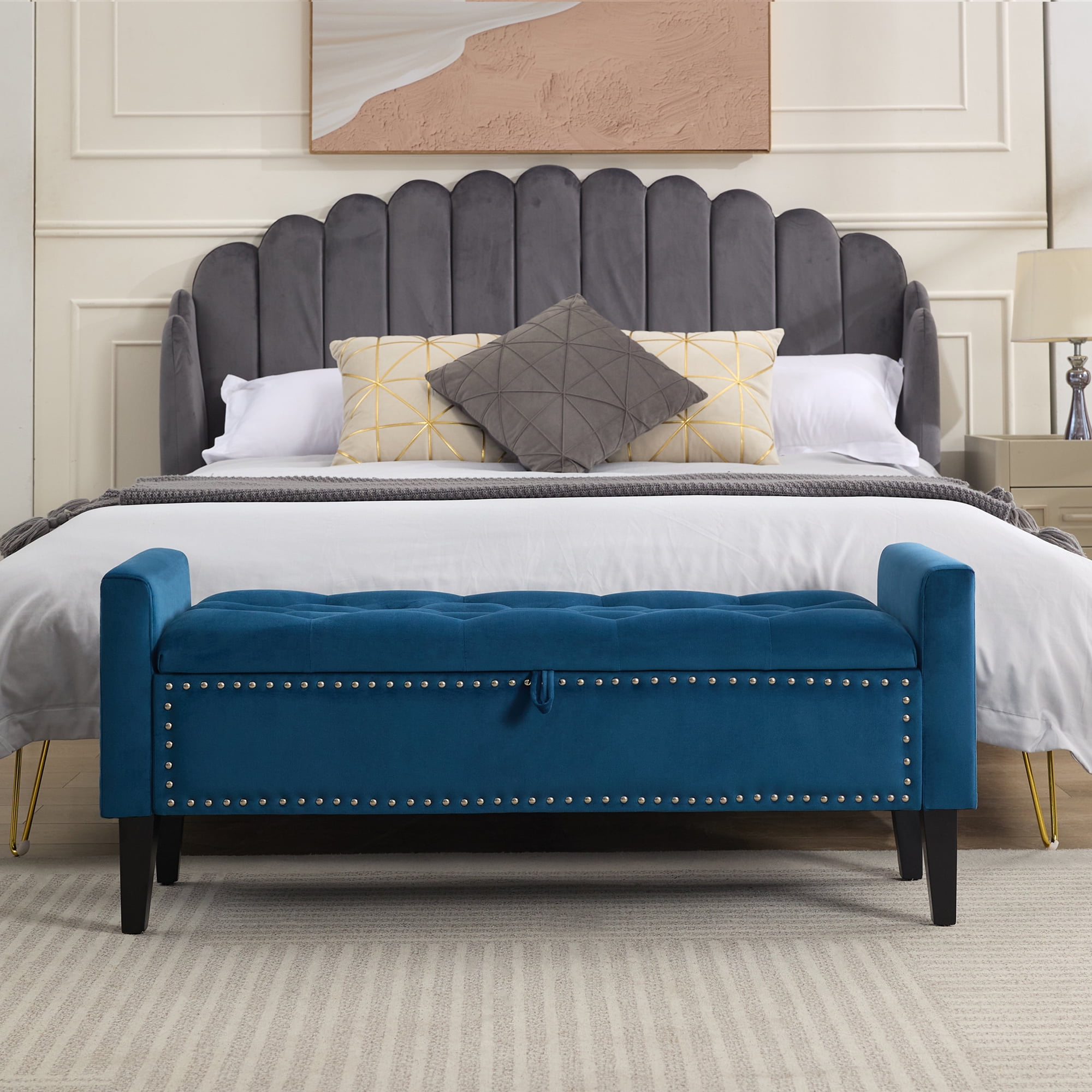 Velvet Storage Bench, Upholstered Bed Bench with Storage, End of Bed Ottoman with Wooden Legs,Bedside Storage Bench for Bedroom, Living Room, or Entryway, Blue