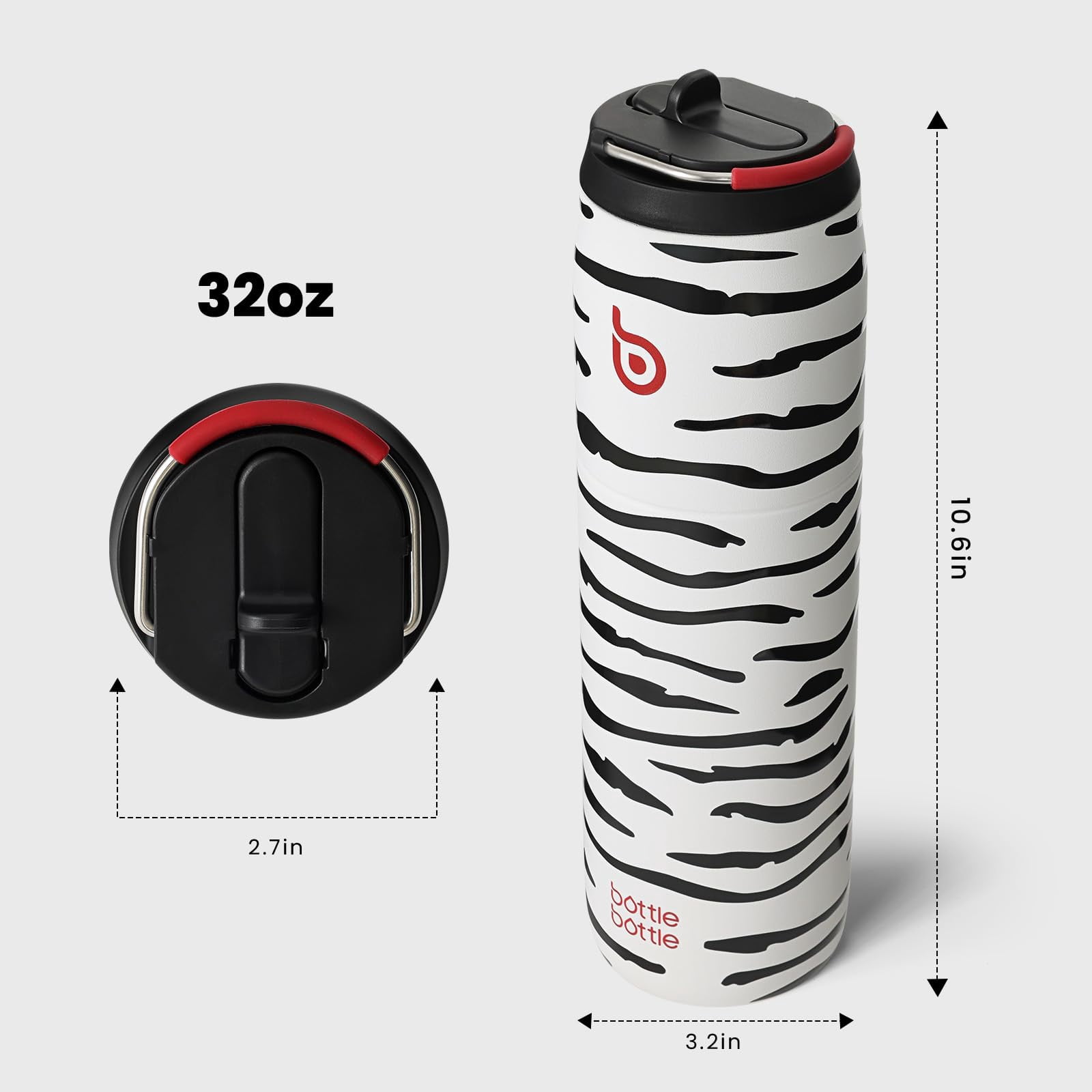 BOTTLE BOTTLE Stainless Steel Water Bottle with Straw and Lid, 32oz Vacuum Insulated Water Bottle Flask, Stay Cold for 24 Hrs, Hot for 12 Hrs, Leak-Proof Wide Mouth Sports water bottle,Zebra Stripe