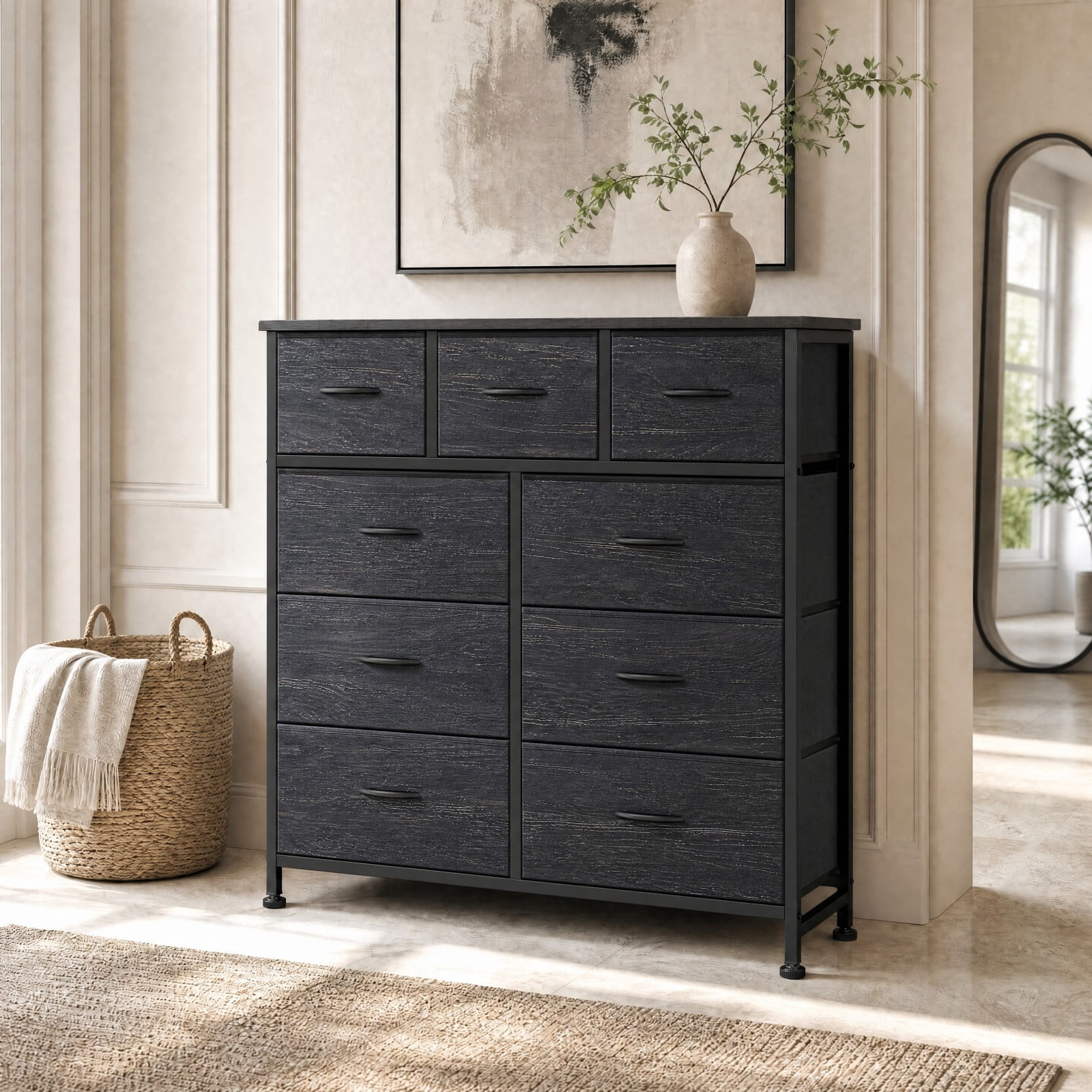 Telyra 9-Drawer Fabric Dresser Tall Storage Tower with Wood Top and Steel Frame Bedroom Closet Organizer, Black Wood Grain