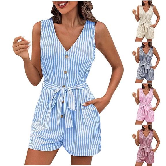 EaskTriop Womens Sleeveless Jumpsuit Striped Button Down Romper with Pockets High Waist Tie Front Summer Beach Dressy Casual Outfits 2026