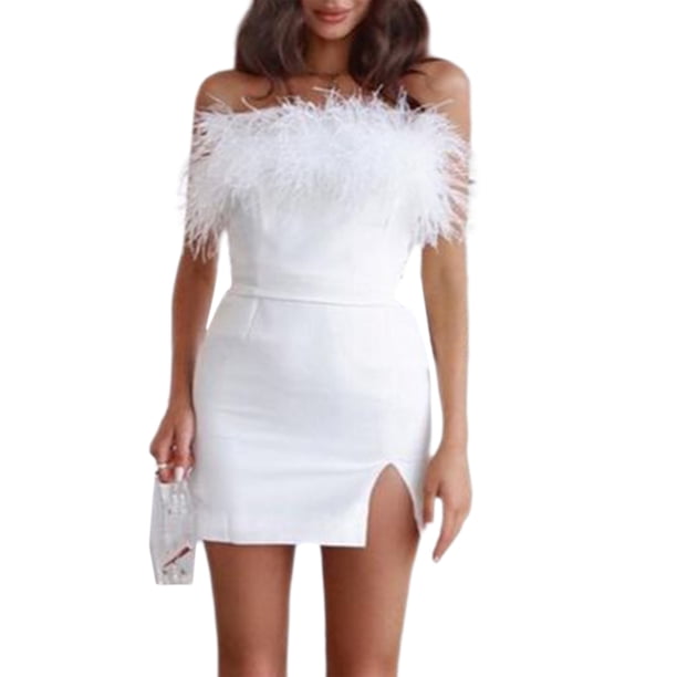 Txlixc, vestido Sexy de fiesta de plumas para mujer, vestido de cóctel con ribete de piel sintética, elegante vestido ajustado con tirantes finos, minivestido de noche para discoteca Txlixc Estilo de ocio
