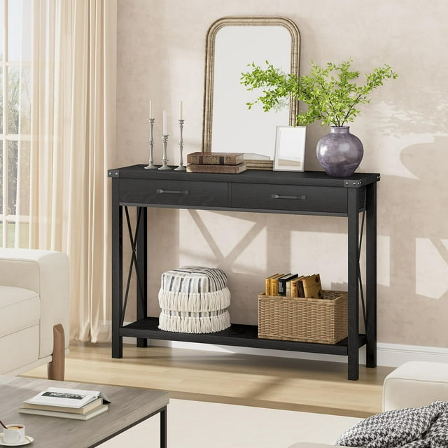 Console Table with 2 Drawers, Farmhouse Sofa Table with Storage Shelf, X Side Design, Accent Wood Entryway Table, Narrow Sofa Table with Solid Wood Legs for Entryway Living Room Hallway