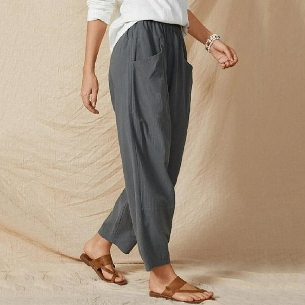 Summer Capri Pants for Women Elastic Waist Cotton Linen Wide Leg Pants  Solid Casual Loose Lounge Trousers with Pocket