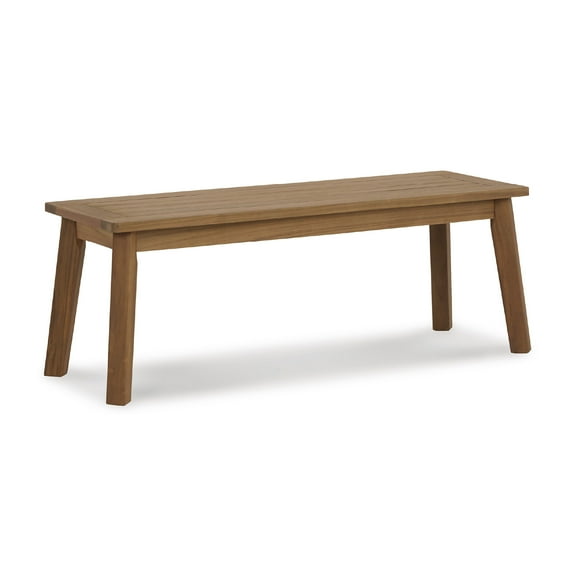 Signature Design by Ashley Janiyah Outdoor Dining Bench – Solid Acacia Wood, Light Brown, Slatted Style, Weather-Resistant Patio Seating