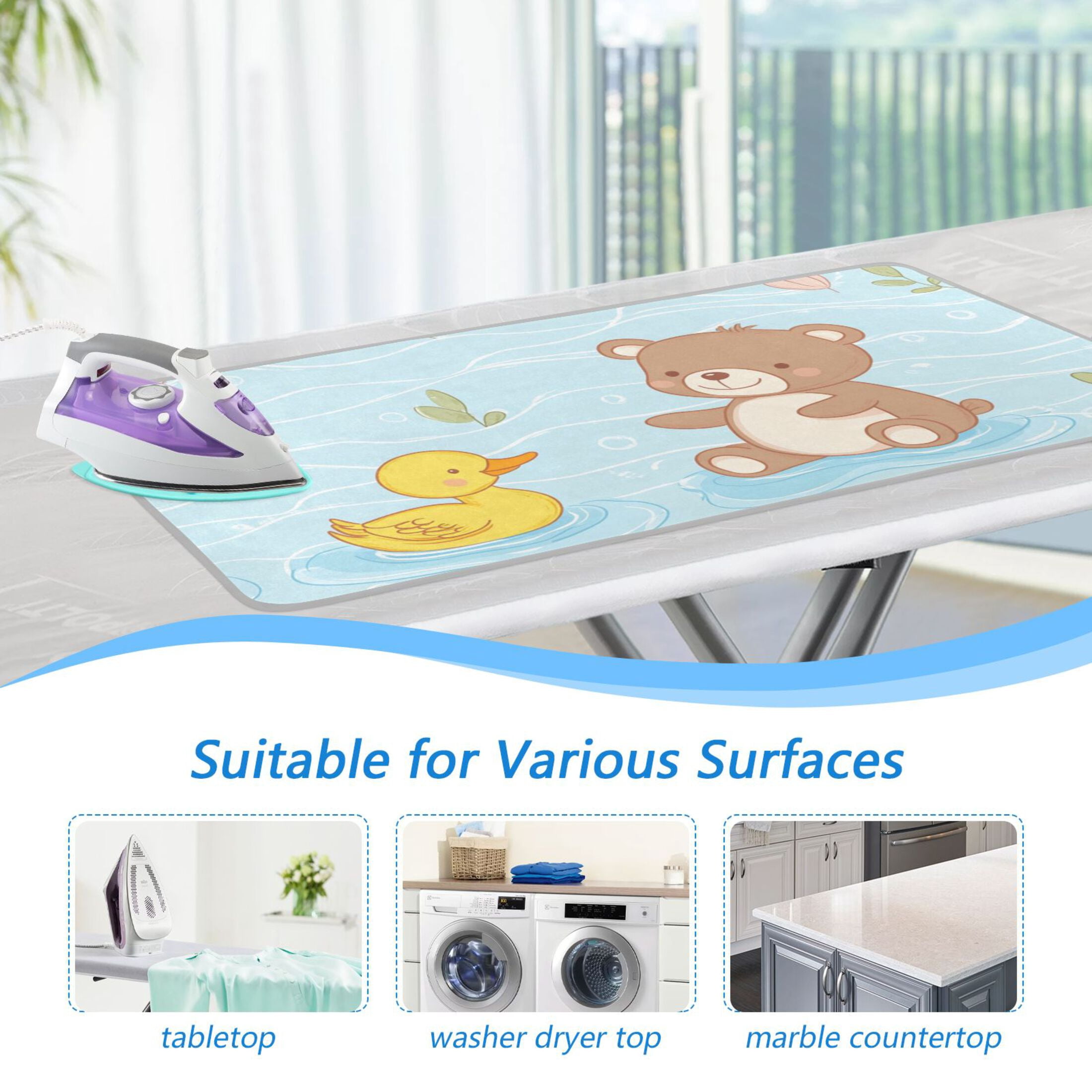Cute Duck Play with Bear in Water Ironing Mat Blanket Portable Travel Ironing Pad Heat Resistant Pad 47.2" x 27.6”