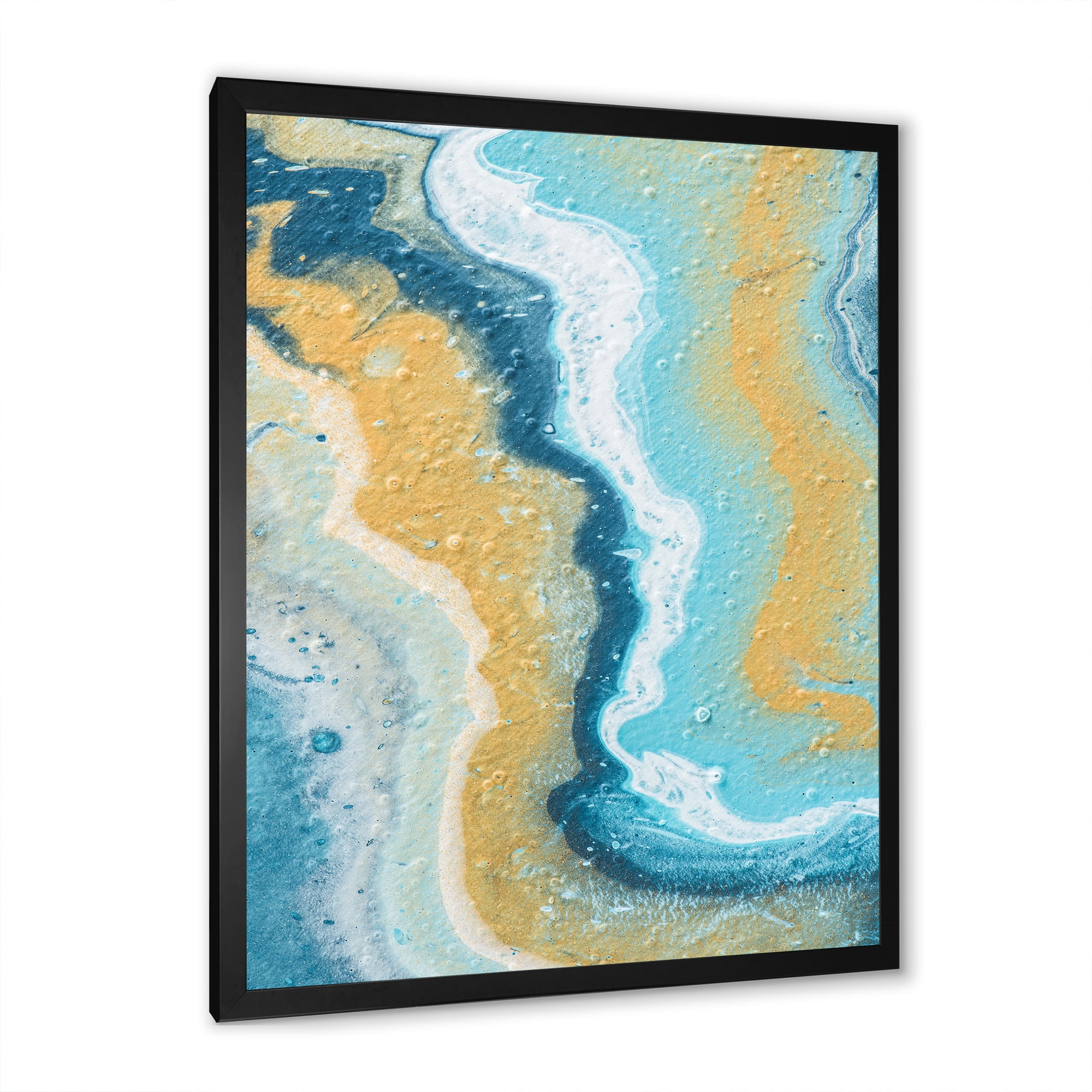 Designart 'Abstract Marble Composition In Blue and Yellow III' Modern Framed Art Print