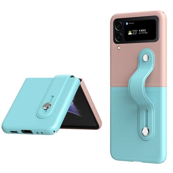 Nalacover Case for Samsung Galaxy Z Flip4 with Adjustable Wristband Kickstand, Rugged PC Premium PU Leather Hand Strap Slim Shockproof Cover for Samsung Galaxy Z Flip4 Women Girls,Pink + Light Blue