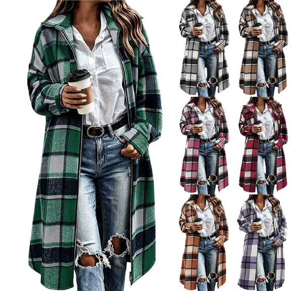 Cmtiyu Plaid Flannel Shirt Women Shacket Jackets, Long Sleeve Lapel Zip Up Jacket with Pockets, Casual Soft Fall Winter Long Coats, Green S-2XL