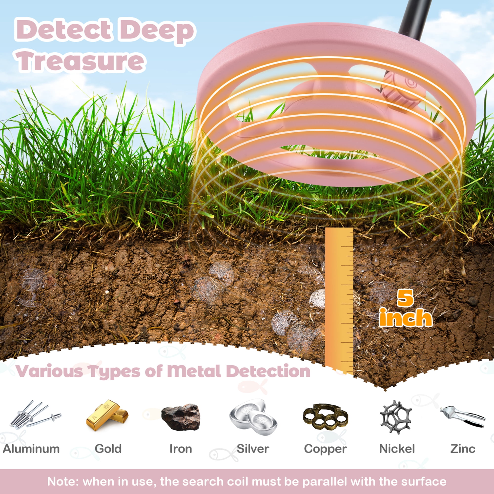 Gymax 24.5''-33.5'' Metal Detector for Kids with LCD Display IP68 Waterproof Pink