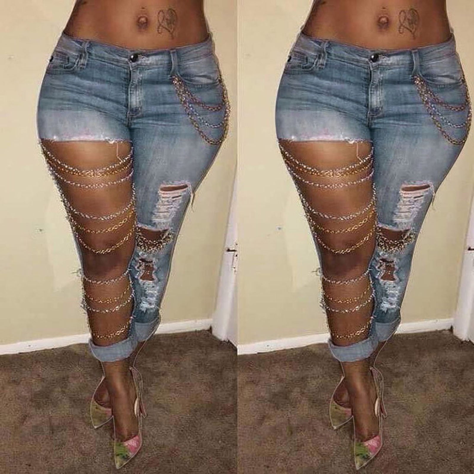 Yohome Fashion Women Solid Slim Denim Chain Big Hole Jeans Trousers Pencil - Walmart.com