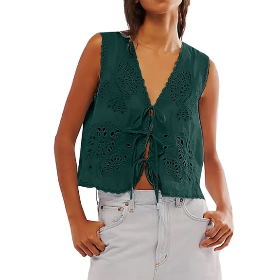Tank Tops for Women V Neck Floral Eyelet Embroidery Tie Front Crop Tops