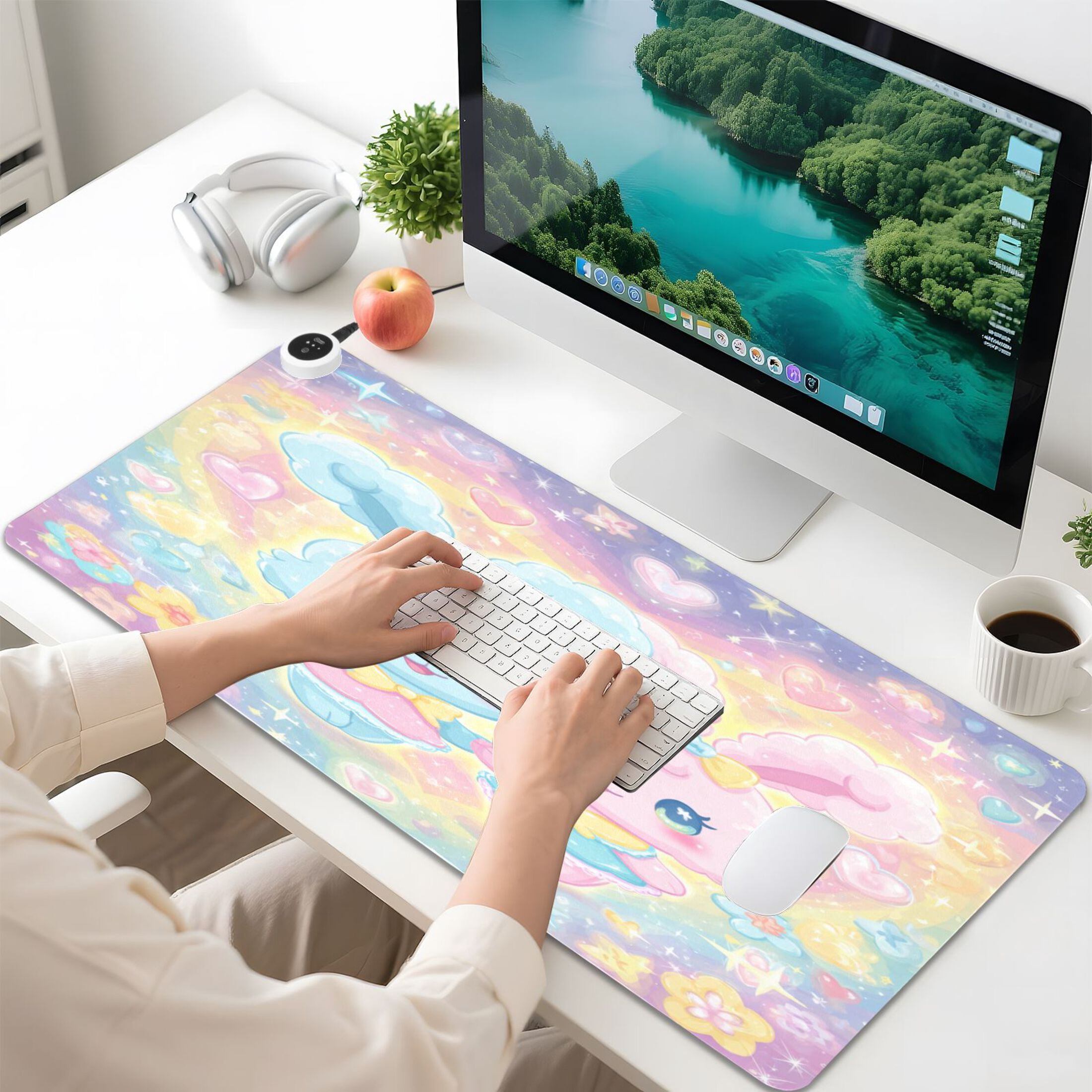Large Heated Desk Mat Mouse Pad 31.5"x13"PU Leather Graphene Heating Desk Warmer with 3 Temperature Settings 110V US Plug Non-Slip Warm Pad for Home, Office, and Gaming Dreamy Celestial Bunny Duo