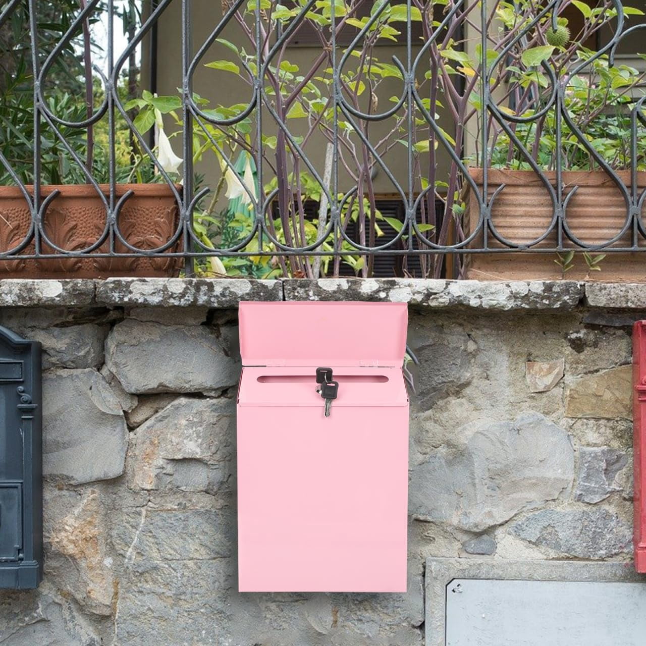 ABCISI Wall-Mounted Mailbox with Lock, Anti-Theft Drop Box  for Letters Envelopes Newspapers, Multi-Function Suggestion Box, Large Capacity Sturdy Mail Box for Home & Office, 9.1” x 2.4” x 11.8”,Pink