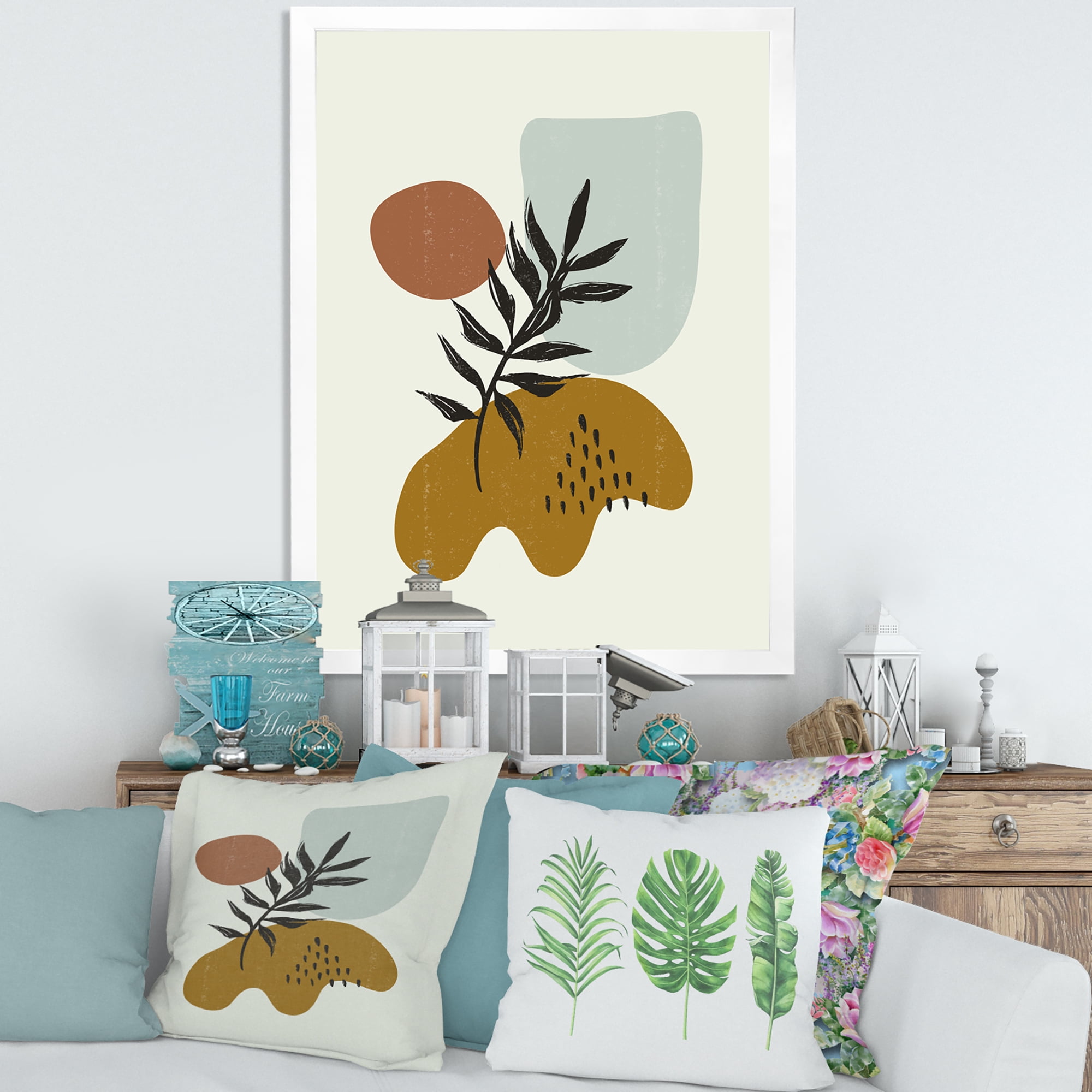 Designart 'Abstract Shapes With Botanical Minimalist Leaf II' Modern Framed Art Print