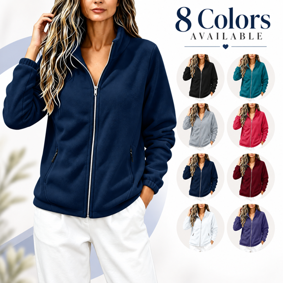happyYEE Women's Zip up Sweatshirt Jackets Long Sleeve Fleece Loose Coat Fall Fashion Stand Neck Outerwear with Zip Pockets