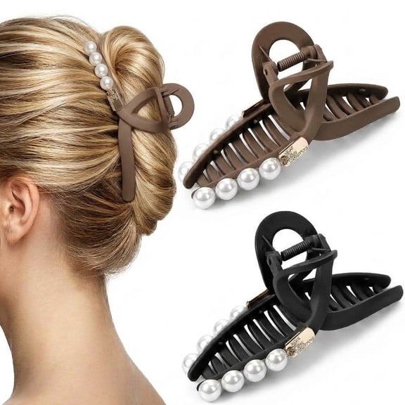 Mber 2 Pack Pearl Butterfly Claw Clips for Long Thick Thin Hair, 5" Large Non-Slip Strong Hold Flat Hair Clip Elegant for Women Girls, Brown & Black