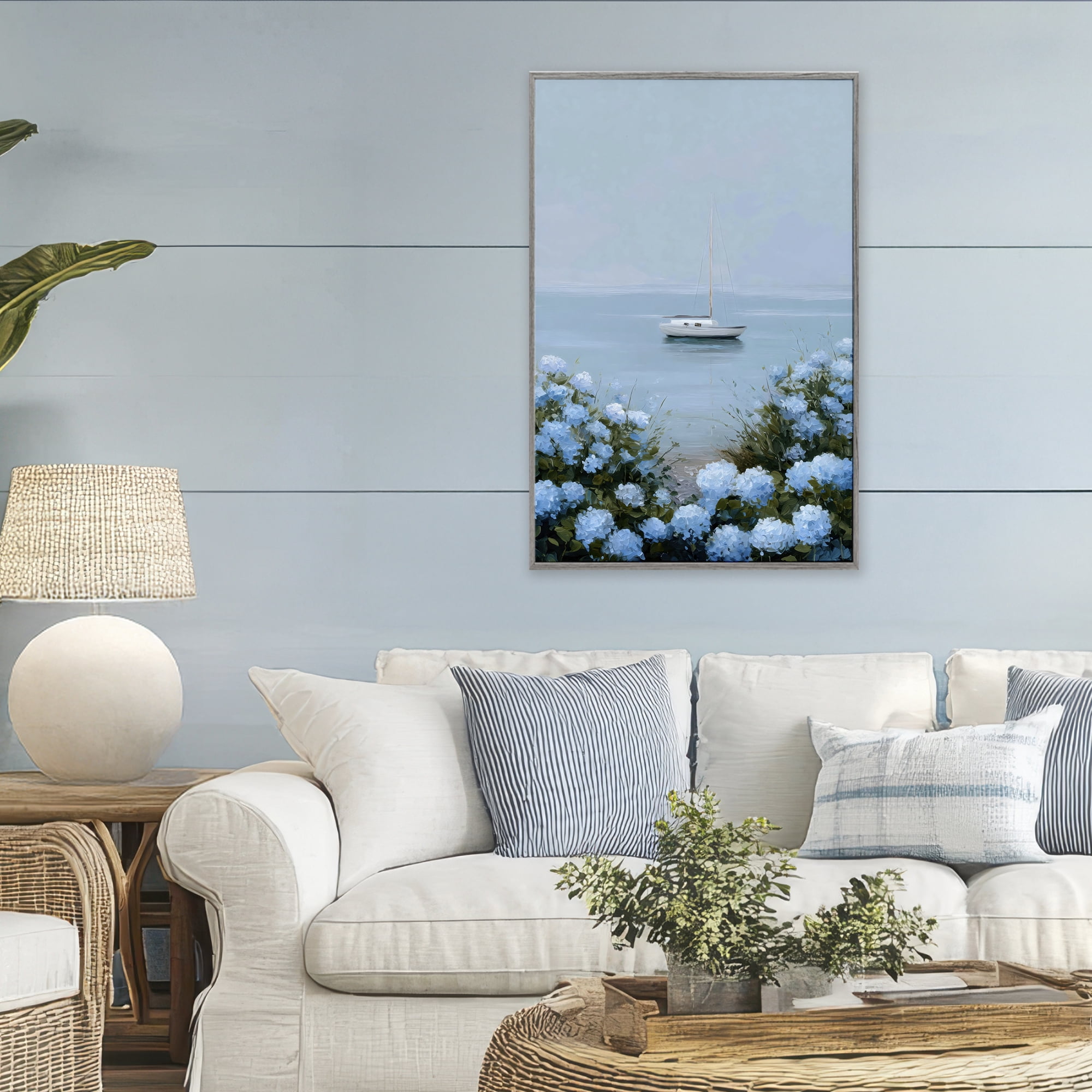 Stupell Industries Yacht in Floral Bay Gray Framed Giclee Art, design by Petal Prints Design
