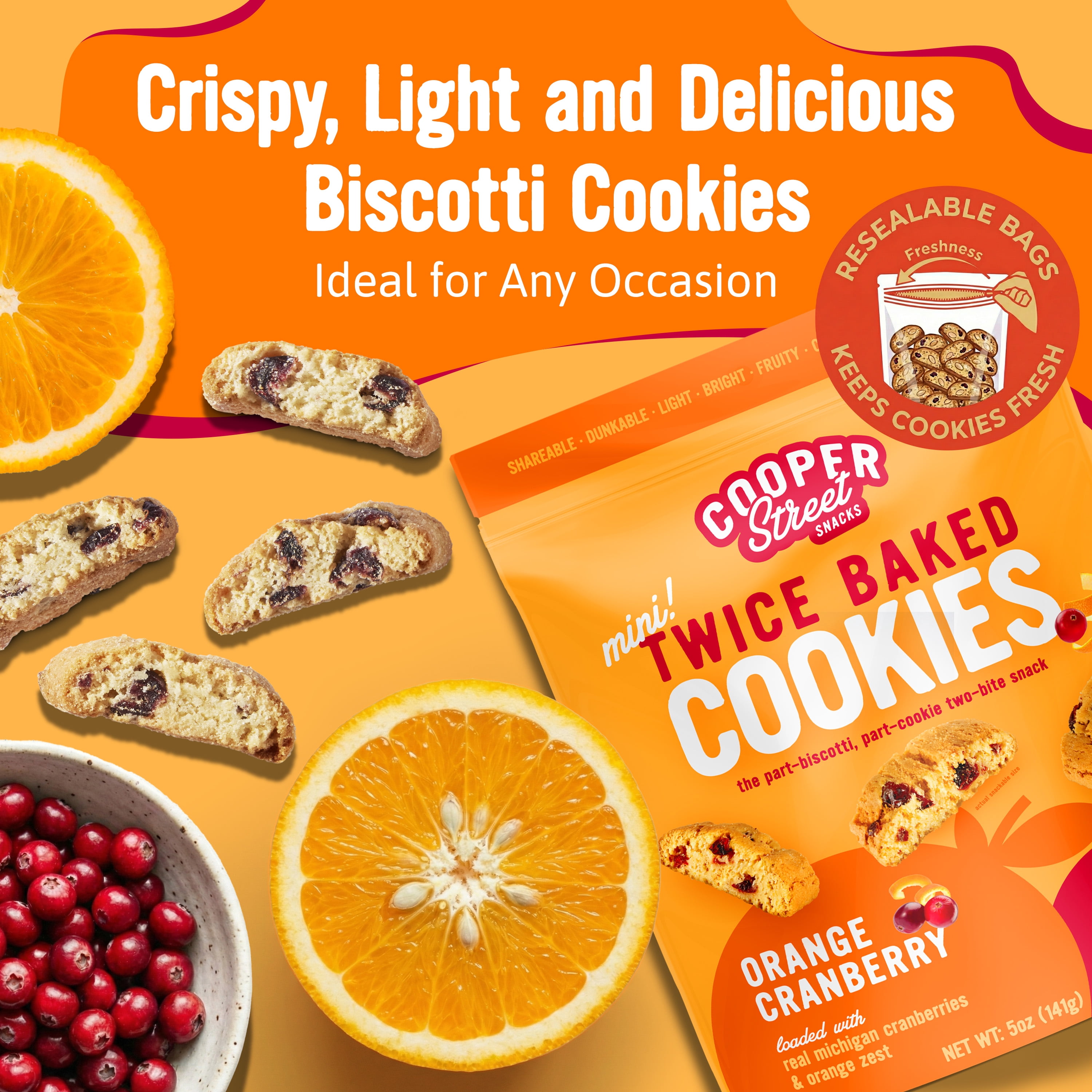 Cooper Street Orange Cranberry Twice-Baked Mini Biscotti Cookies, 5oz Pack of 6