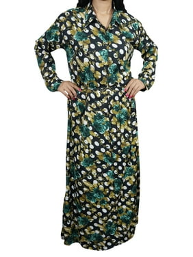 Mogul Womens Maxi Dress Button Down Floral Print Long Sleeves Holiday Resort Caftan Dresses L