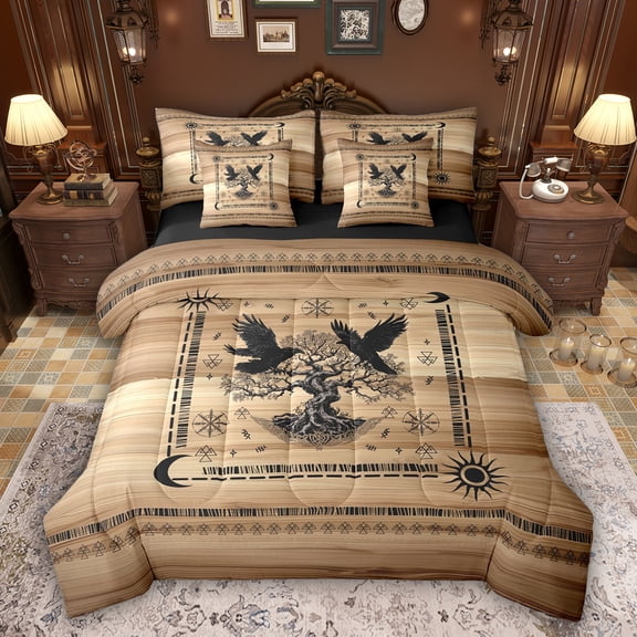 Feelyou Hippie Black Crow Twin Bedding Sets 7pcs, Bohemian Life Tree Bedding Comforter Set