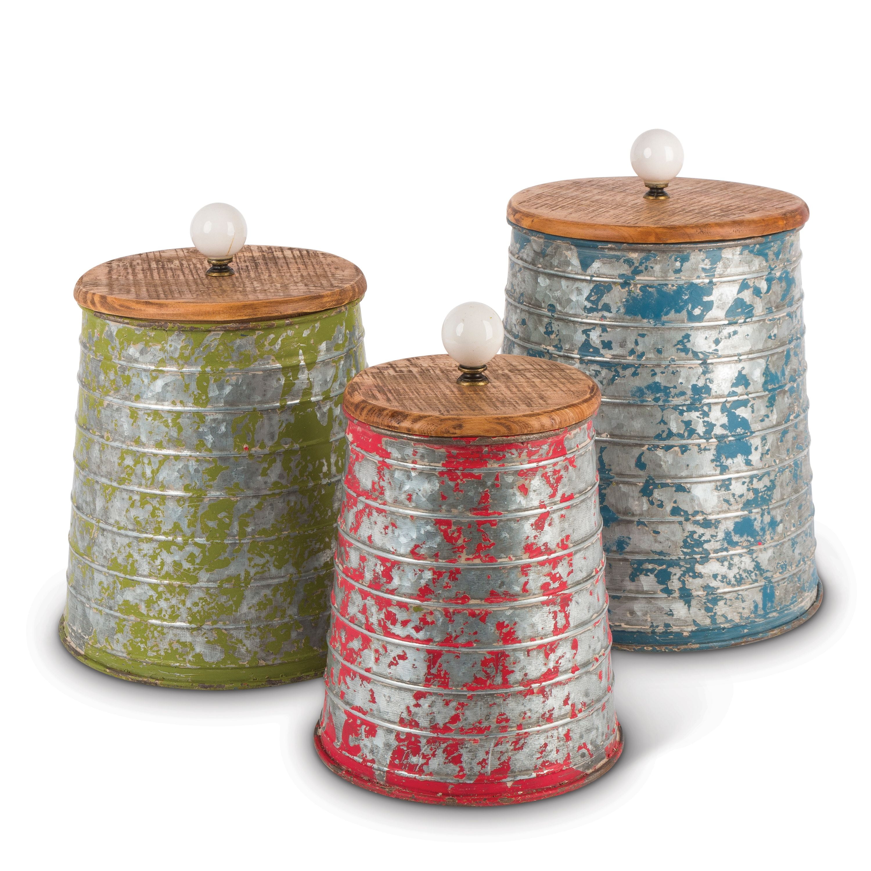 Assorted-Size, Multi-Colored Decorative Canisters with Wooden Lids (Set ...