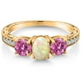 thumbnail image 3 of Gem Stone King 18K Yellow Gold Plated Silver 3-Stone Ring Oval/Cabochon White Ethiopian Opal and Vivid Pink Moissanite (1.63 Cttw, Size 6), 3 of 6