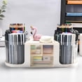 thumbnail image 3 of Baodeli Rotating Desk Organizer with 2 Pen Holder, Desk Organizers and Accessories with 10 Slots Pencil Holder for Desk + 3 Drawer, Art Supply Storage Box Caddy for Office  Home (White), 3 of 6