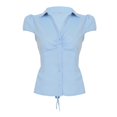 thumbnail image 4 of LIUJUNSHOP Womens Ruched Button Up Blouses Collar V Neck Short Sleeve Work Shirts, 4 of 4