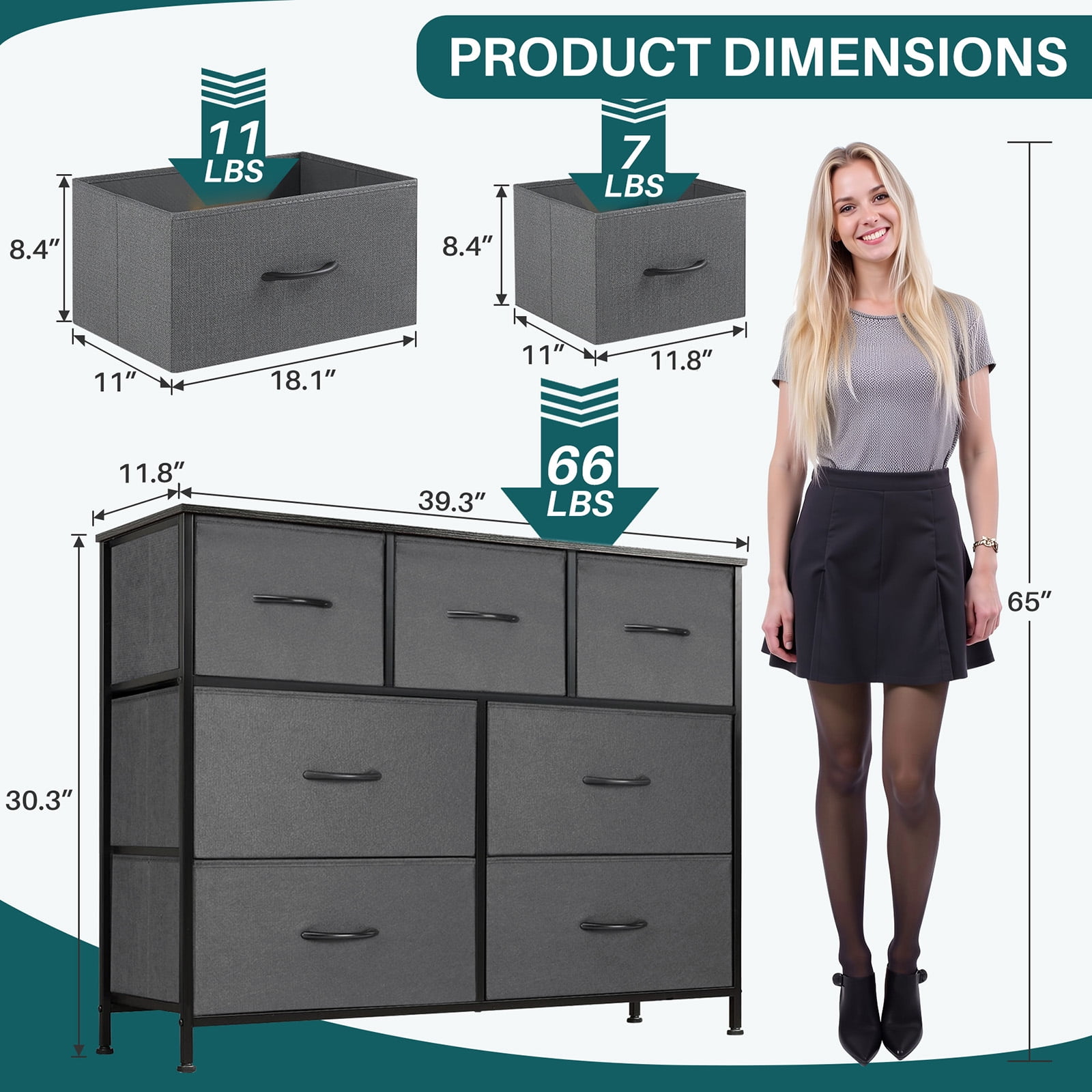Nextay 7-Drawer Fabric Dresser TV Stand for 45" TV, Storage Dresser Closet with Steel Frame & Wooden Top for Living Room, Dressing Room, Entryway, Grey