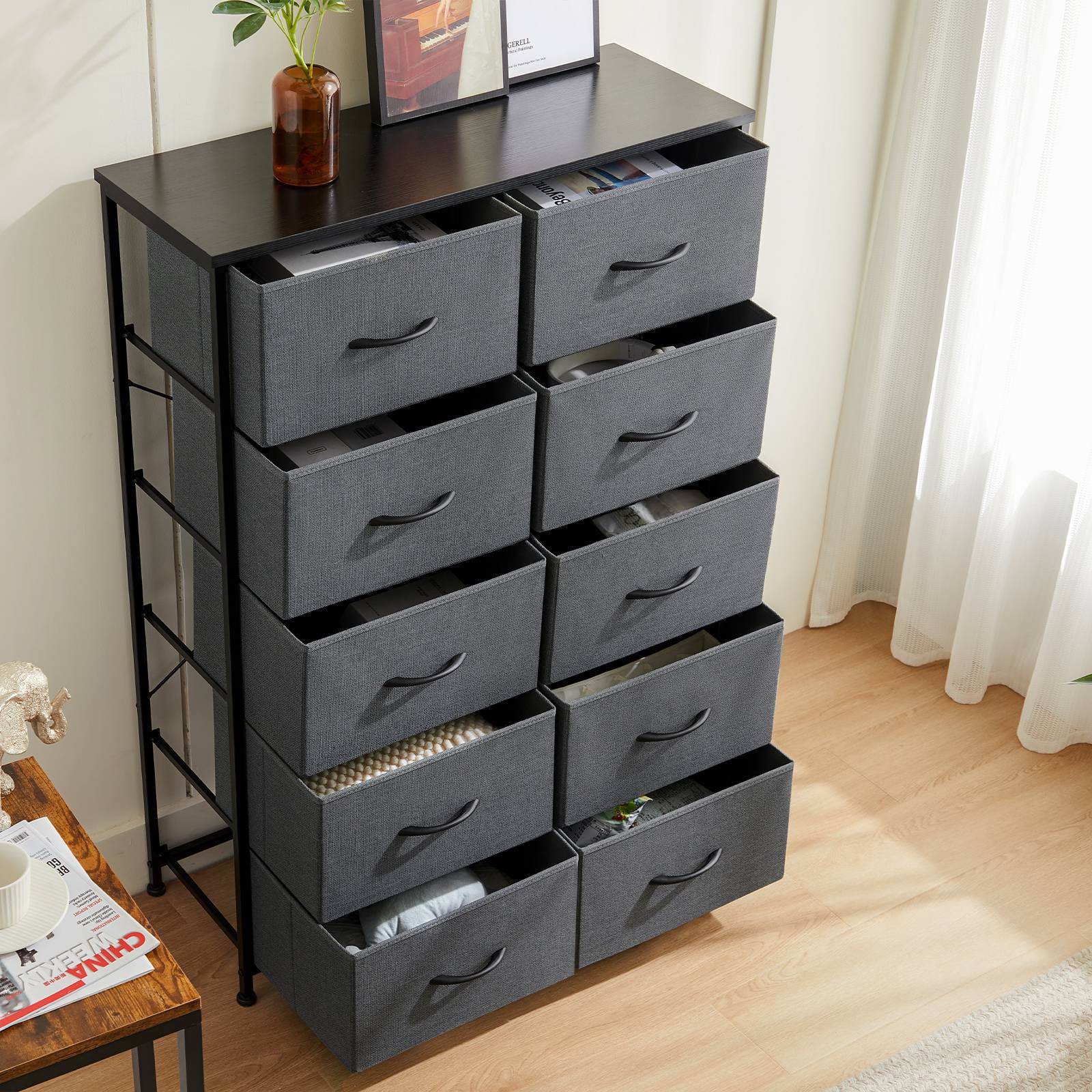 EDX Dresser for Bedroom with 10 Drawers, Tall Chest Organizer with Fabric Bins, Freestanding Storage Cabinet, Gray