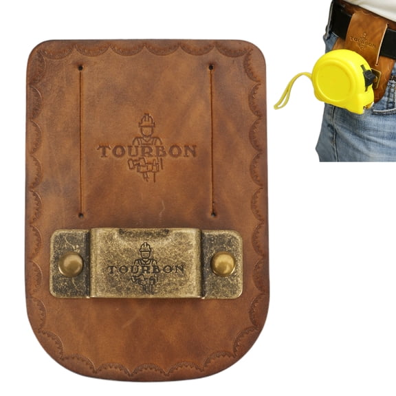 Tourbon Genuine Leather Tape Measure Holder, Antique Brass Metal Clip Holster with 2 Inch Belt Slots for Carpenter, Pack of 1