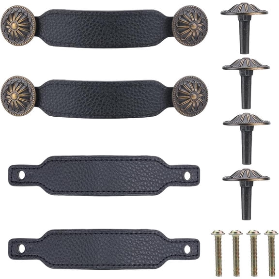 4PCS Leather Drawer Handles 152mm 5.98" Black Cabinet Pulls Dresser Knobs Door Handle for Furniture Drawers Room Kitchen Holders Metal Cabinet Handles Replacement for DIY