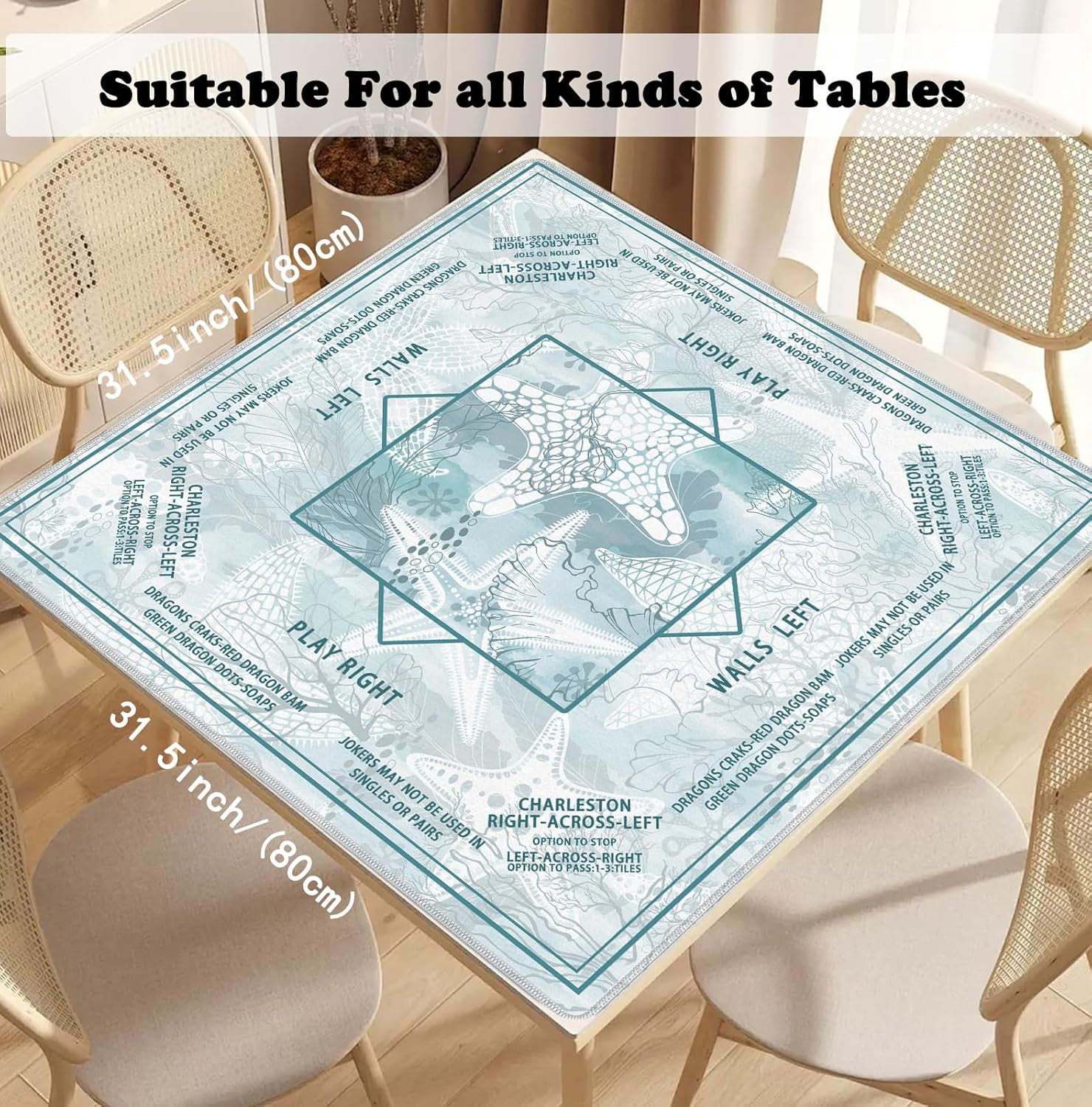 Blue Coastal Beach Mahjong Mat 31.5" x 31.5", Nautical Starfish Coral Non-Slip Noise Reduction Mahjong Table Cover Accessories Supplies for Dominoes Poker Card Board and Tile Games Gifts